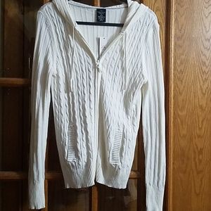 Women's white cable knit zippered hoodie sweater